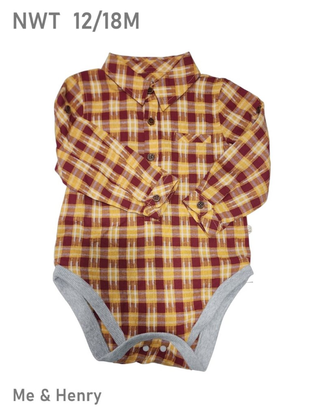 Me & Henry Multicolored Plaid Pattern Woven Long-sleeve Bodysuit Size 12/18M